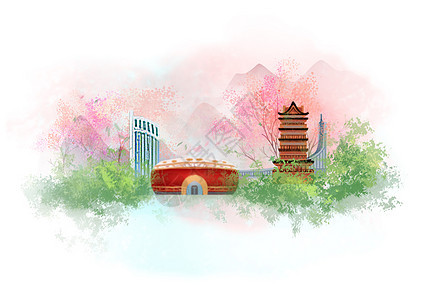合肥中国风山水水墨城市地标建筑插画图片
