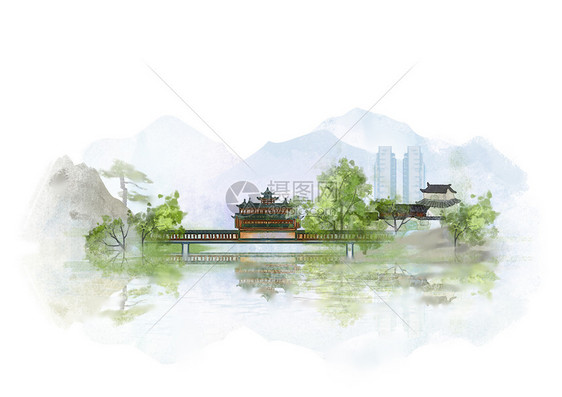黄山中国风山水水墨城市地标建筑插画图片