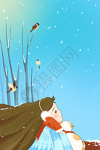 大雪纷飞中的女孩和猫背景插画图片