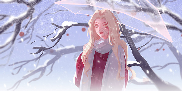 雪中撑伞的少女高清图片