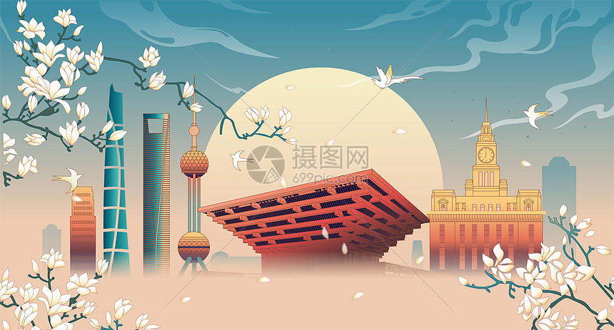 中国风建筑风景插画图片
