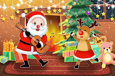 圣诞节跳舞的圣诞老人和麋鹿图片
