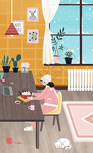 冬至女孩冬天吃饺子居家插画高清图片