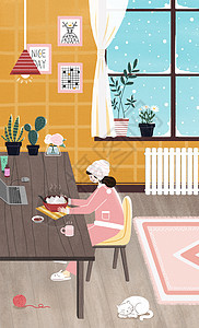 冬至女孩冬天吃饺子居家插画图片