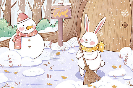 冬天兔子扫雪插画图片