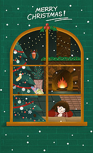 字体英文圣诞平安夜女孩在窗边睡觉插画