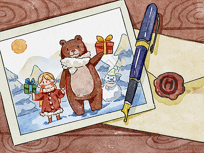 冬天喝熊熊合影的小女孩寄来的信件水彩画图片