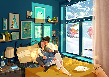 雨夜玻璃冬季阳光不及你的温暖冬天情侣居家插画插画