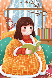 冬天居家在被窝里看书的女孩图片