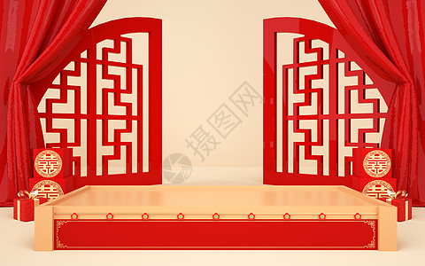 红色婚床中式新年背景设计图片