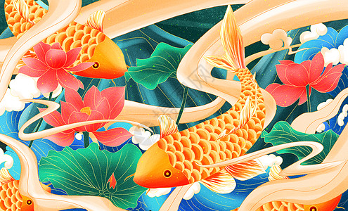 好运锦鲤中国风装饰插画图片