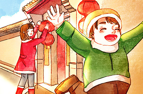 小孩挂灯笼图片