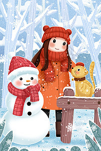冬天堆雪人的小女孩和猫咪背景图片