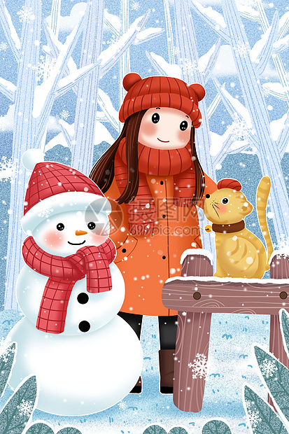 冬天堆雪人的小女孩和猫咪图片