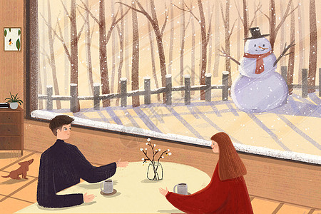 室外聊天冬天情侣居家赏雪插画