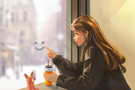 咖啡店插画冬日喝奶茶的女孩插画