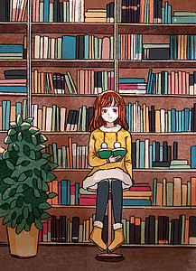 书店海报绘本风书店里看书的女孩插画