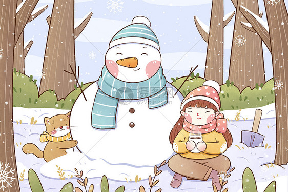 手绘小寒女孩与雪人插画图片