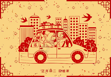 年俗剪纸正月初二回娘家图片素材