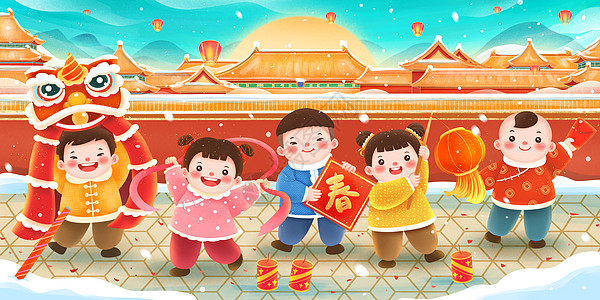 北京灯笼新年故宫拜年的中国福娃插画