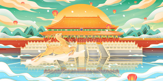 国潮新年鎏金城市北京故宫建筑地标图片