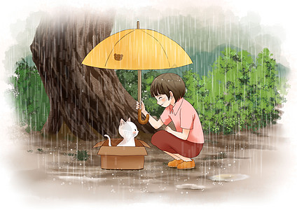 小女孩撑伞雨水流浪猫插画