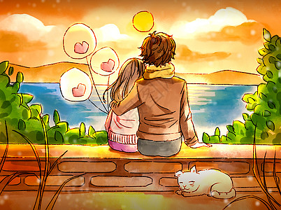 黄昏时分依偎的情侣图片素材