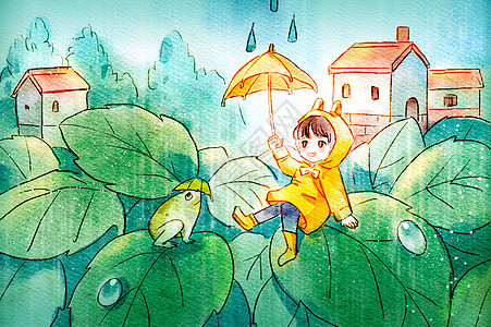 雨中玩耍的小女孩水彩画图片