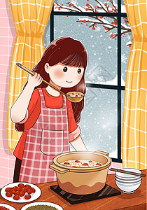 长图设计腊八节做腊八粥的女孩插画