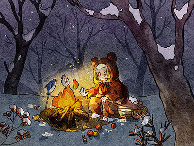 冬天的夜晚穿着熊玩偶服的小姑娘在雪地里烤火图片