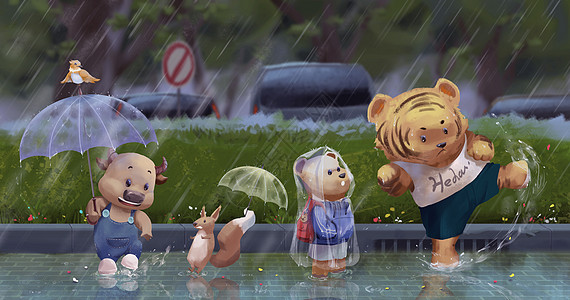 雨天中的小动物图片