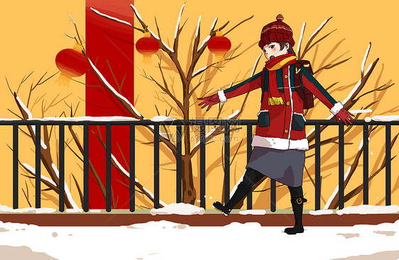 新年雪地行走插画图片