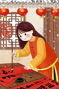 木门贴对联插画_木门贴对联卡通_木门贴对联插图_手绘_板绘_摄图网