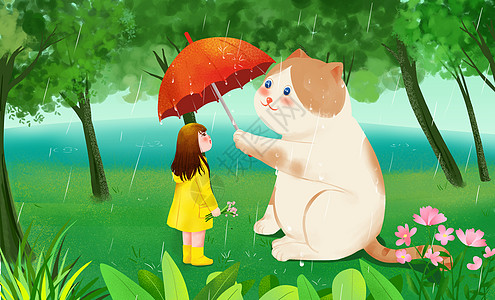 雨天树林里给小女孩打伞的猫咪高清图片