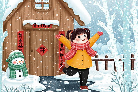 雪中开心的女孩图片