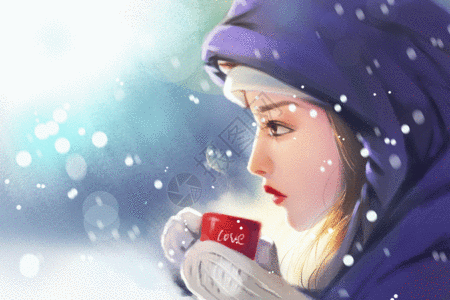 喝玫瑰花茶大雪中的女孩gif高清图片