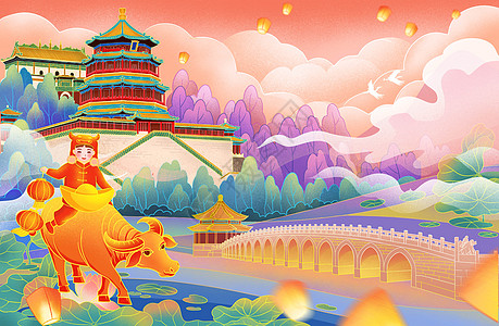 古典北京北京城市国潮风福牛送福插画