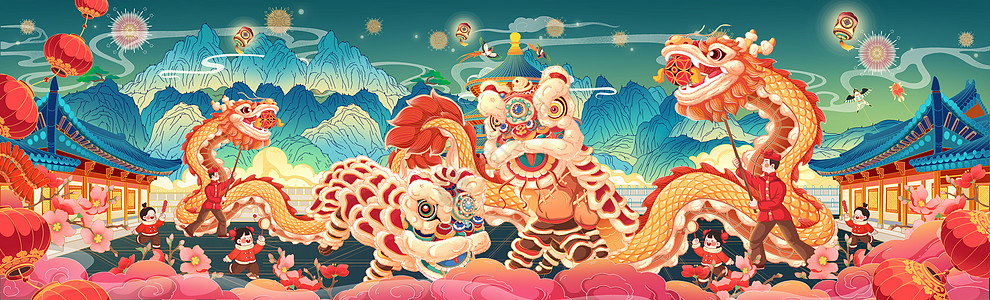 新年中国风插画国风舞龙舞狮新年贺图横板长图插画