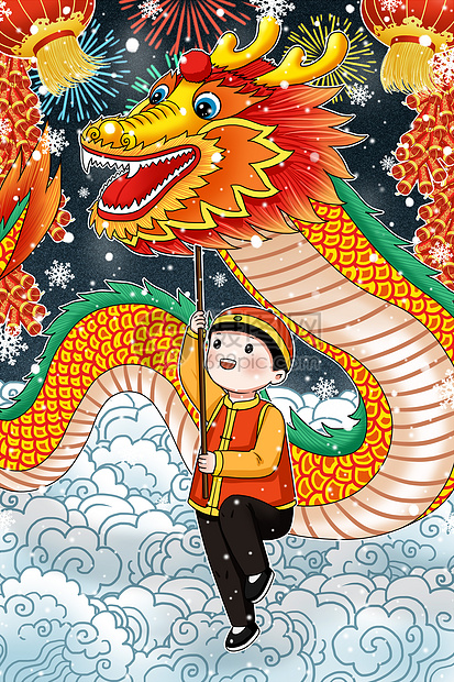 过年舞龙的小孩