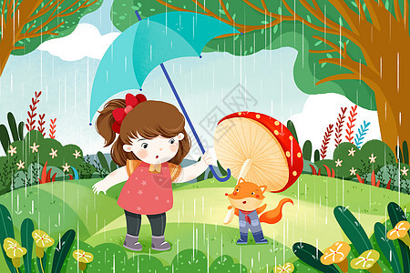 雨中的小女孩和小狐狸图片