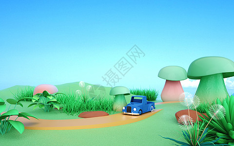 小汽车3D春天场景设计图片