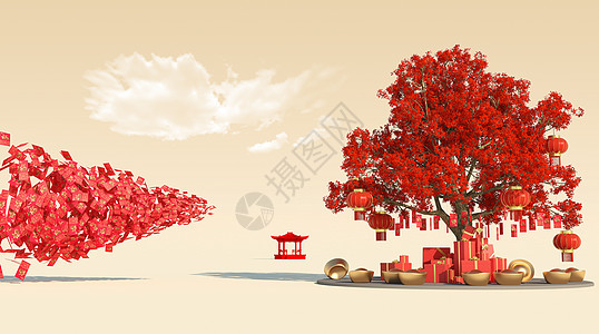 大红灯笼新年红包发财树设计图片