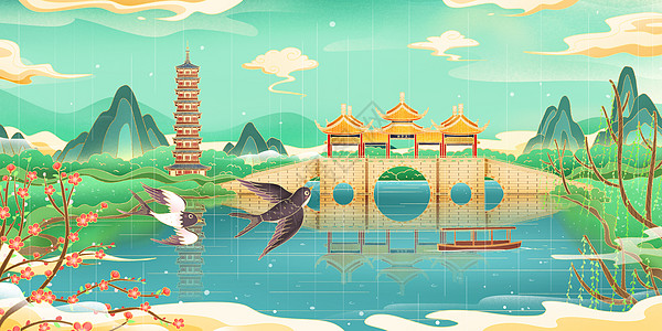 中国一线城市国潮鎏金城市烟花三月扬州瘦西湖地标建筑插画