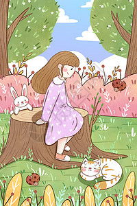 清新惊蛰节气女孩在森林插画图片