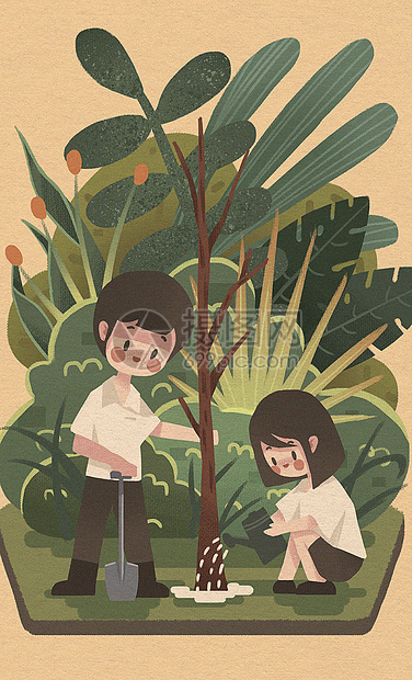 植树节一起种树扁平插画图片
