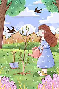 植树节女孩给树苗浇水插画图片