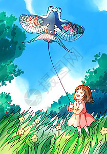 春日放风筝的小女孩竖图背景图片