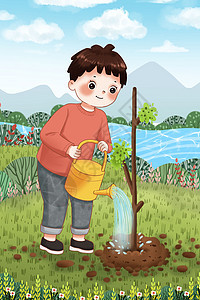 给树浇水的男孩背景图片