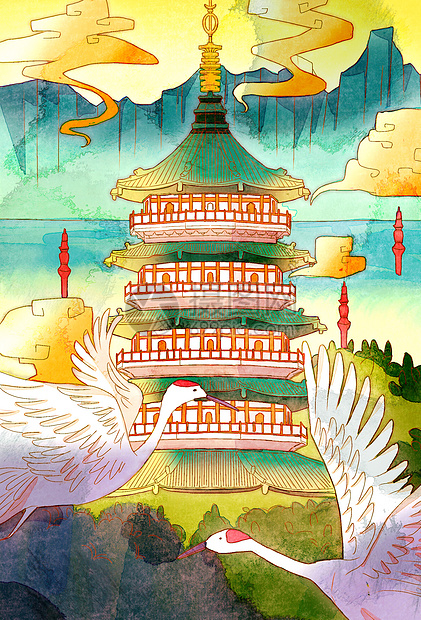 水彩国潮风西湖雷峰塔