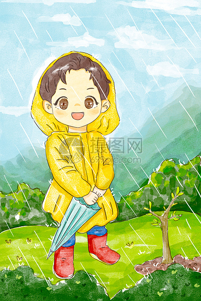 水彩风雨中植树的小男孩图片